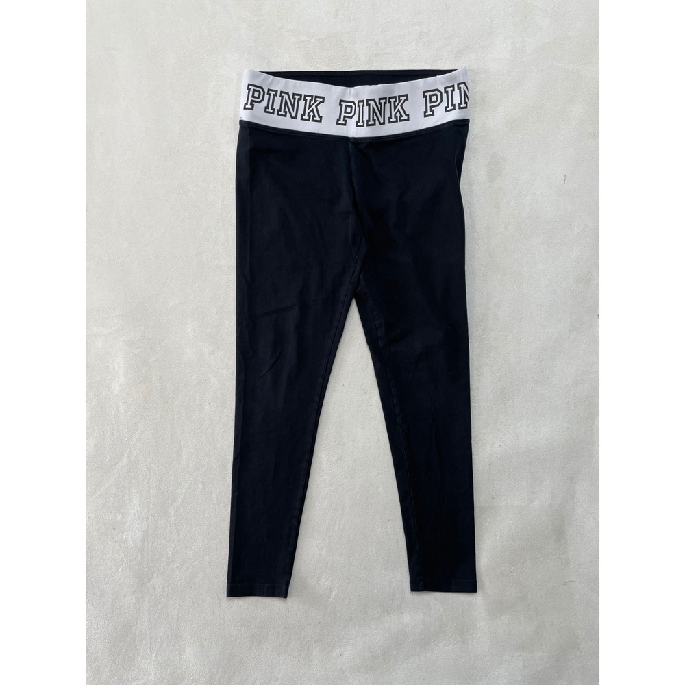 Victoria's Secret PINK Yoga Leggings Black White Logo Foldover Waist Medium